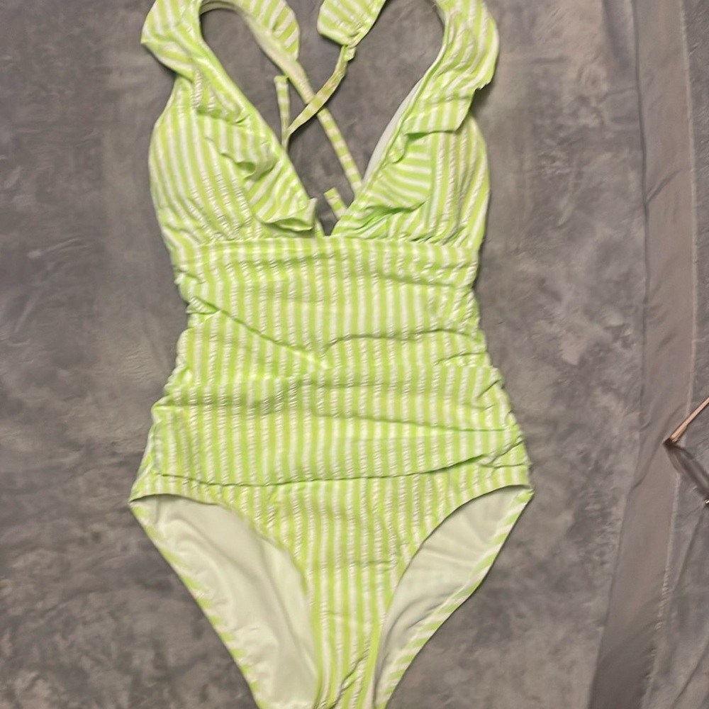 Ellen Tracy one-piece Lime Green stripes swimsuit.